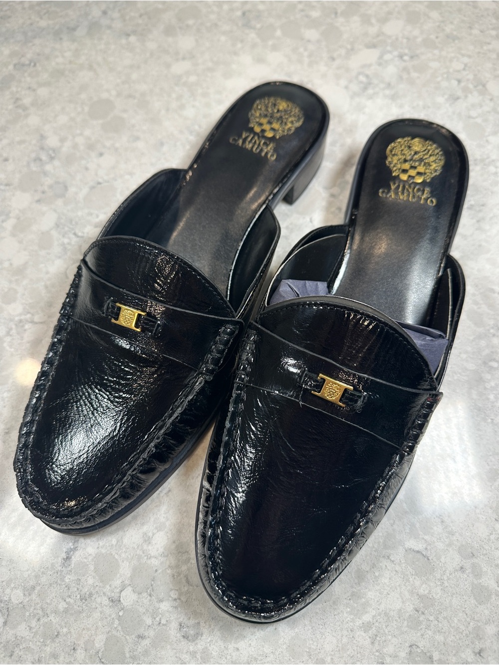 Vince Camuto Black Patent Leather Slip-On Mule Loafers